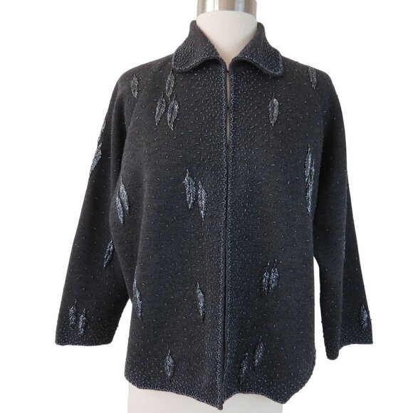 Vintage RENAISSANCE Women's Charcoal Gray Beaded Wool Cardigan Sweater 18 1/2 - Picture 1 of 8